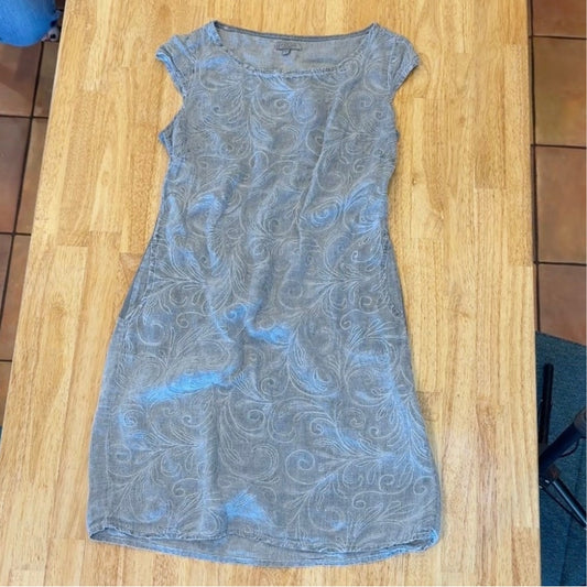 Lina Tomei 100 % Linen Gray Embroidered floral Dress