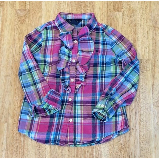 Ralph Lauren Ruffled Plaid Button Down Little Girls 6