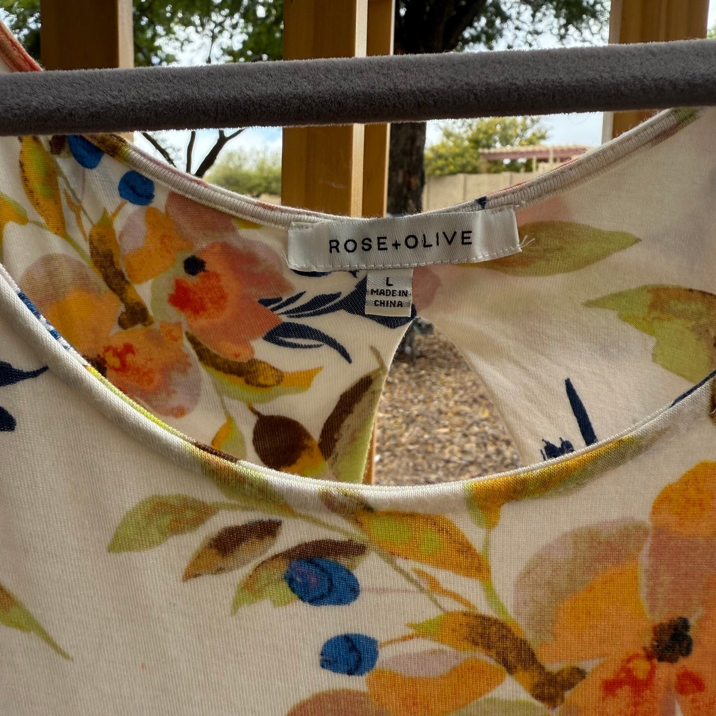 Rose and Olive Size L Floral High Low Cut Out  Tank Top