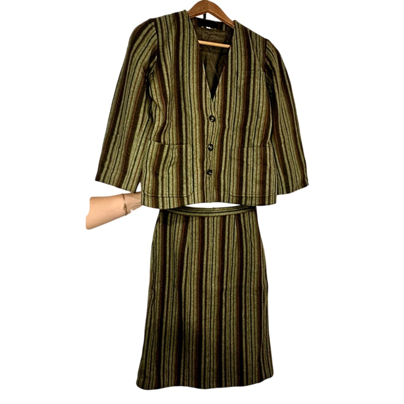 Vintage Women's Skirt Set Green Stripe