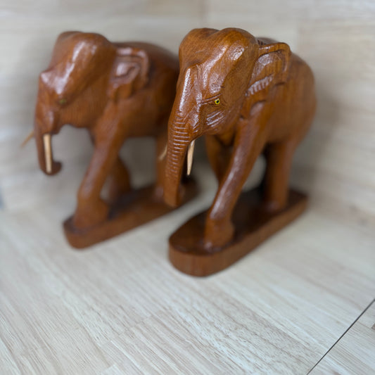 Vintage Teak Wood Elephant Figurines Pair Hand Carved Animal Decor