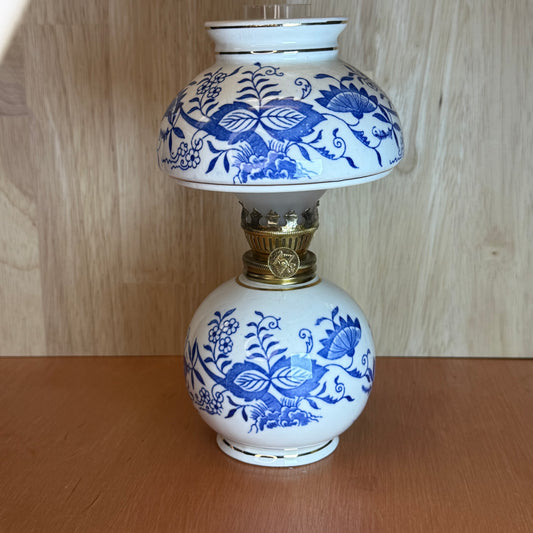 Vintage Chadwick Blue and White Floral Porcelain Miniature Oil Lamp Kerosene