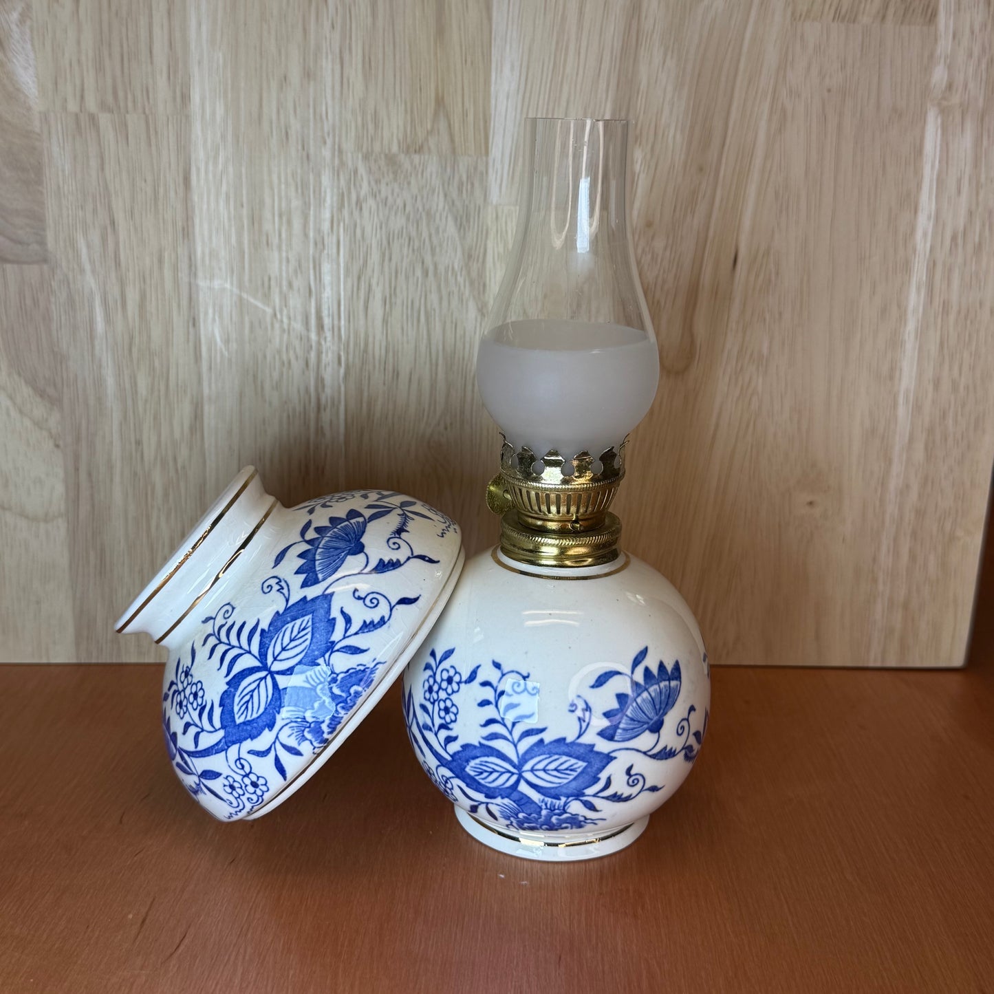 Vintage Chadwick Blue and White Floral Porcelain Miniature Oil Lamp Kerosene