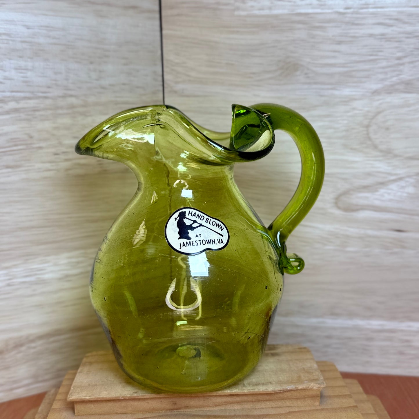 Hand Blown Glass Pitcher Jamestown VA Olive Green Jug Vase 5.5"