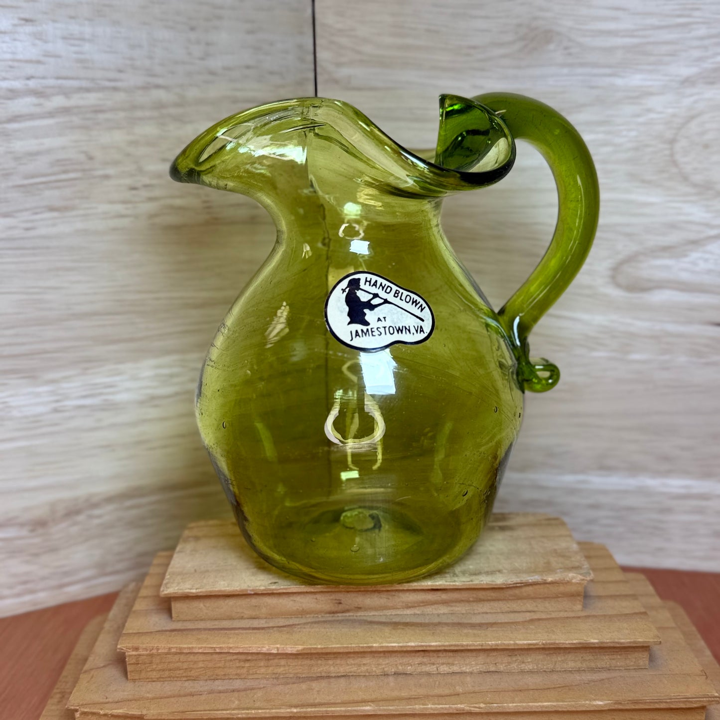 Hand Blown Glass Pitcher Jamestown VA Olive Green Jug Vase 5.5"