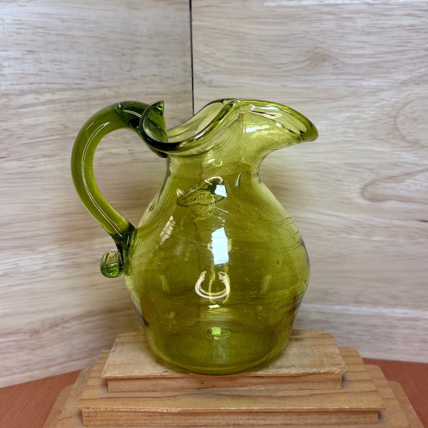 Hand Blown Glass Pitcher Jamestown VA Olive Green Jug Vase 5.5"