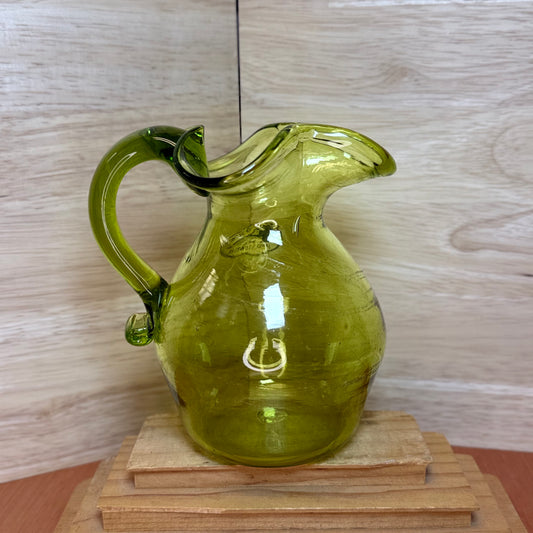 Hand Blown Glass Pitcher Jamestown VA Olive Green Jug Vase 5.5"