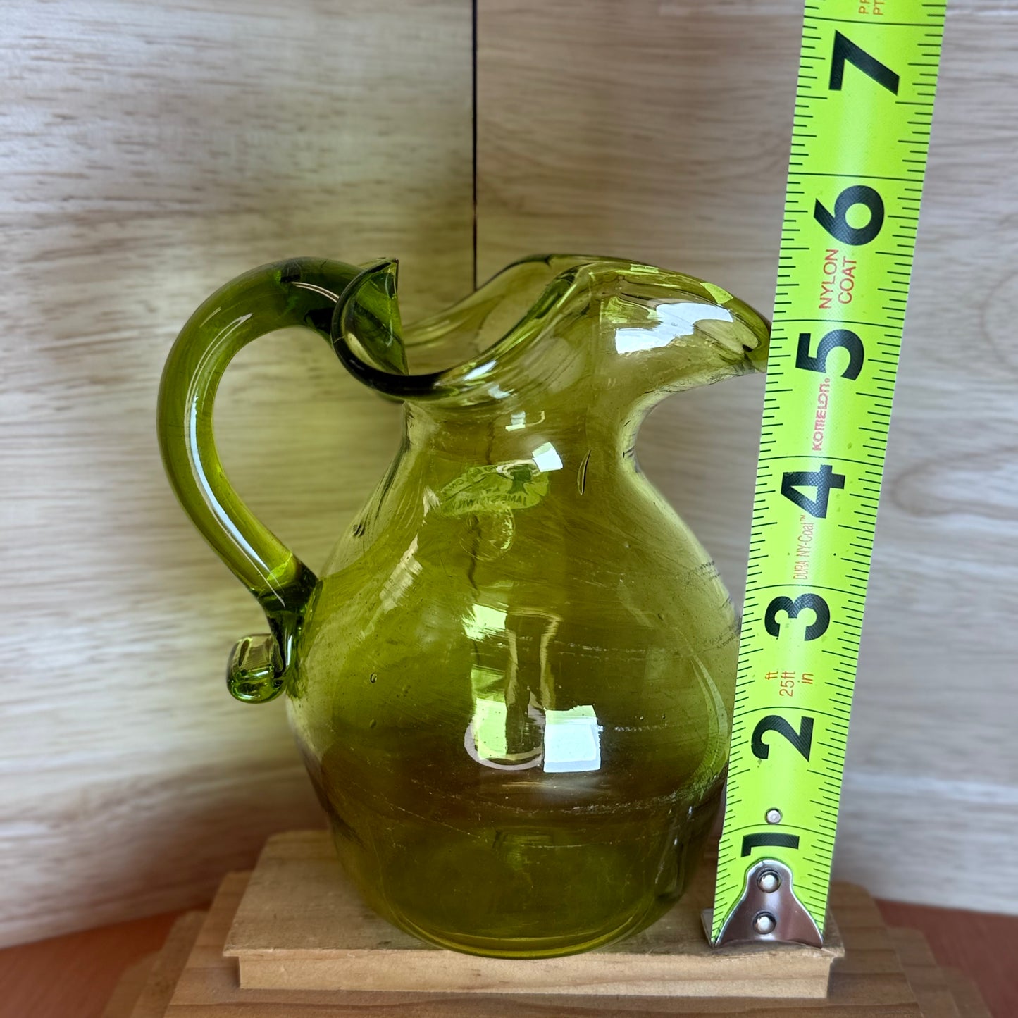 Hand Blown Glass Pitcher Jamestown VA Olive Green Jug Vase 5.5"