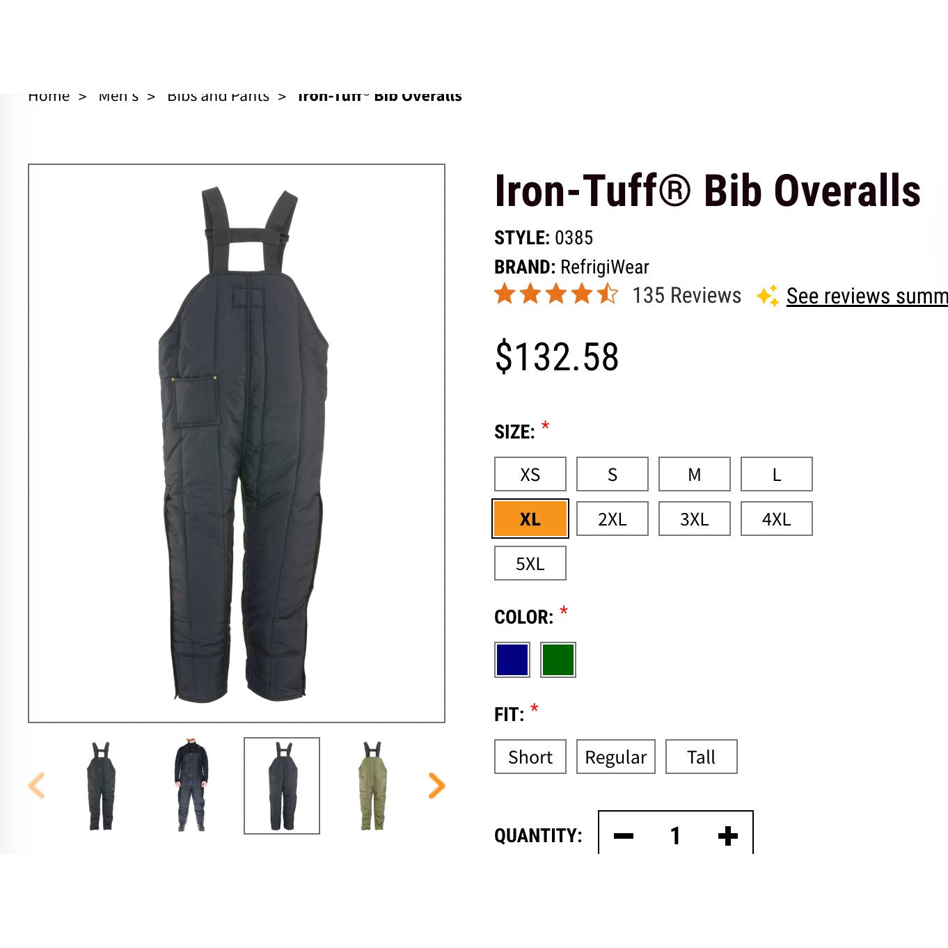 Refrigiwear Men's XL Iron-Tuff Bib Overalls