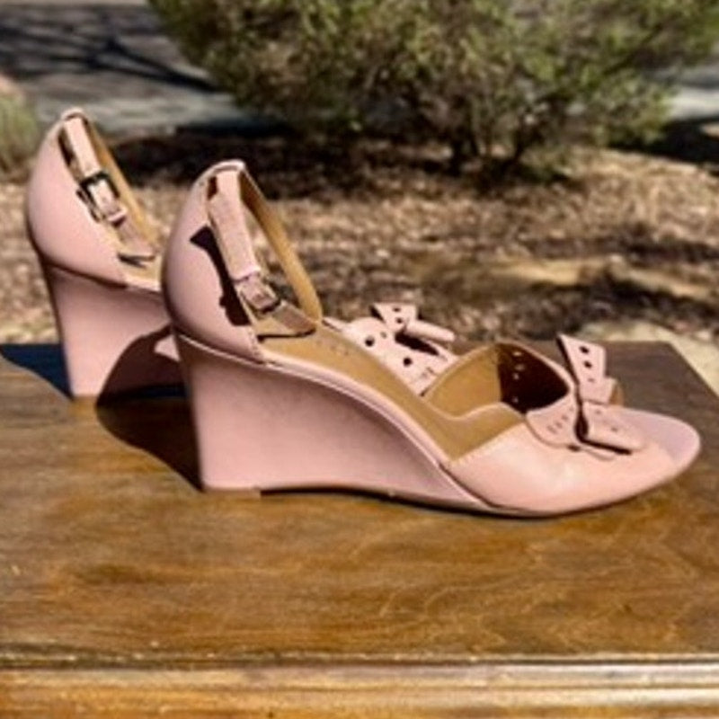 Franco Sarto Pink Bow Leather Wedge Ankle Strap sz 7 Brazil