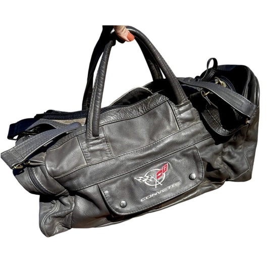 Corvette Vintage Black Leather Duffle Bag 22” Embroidered