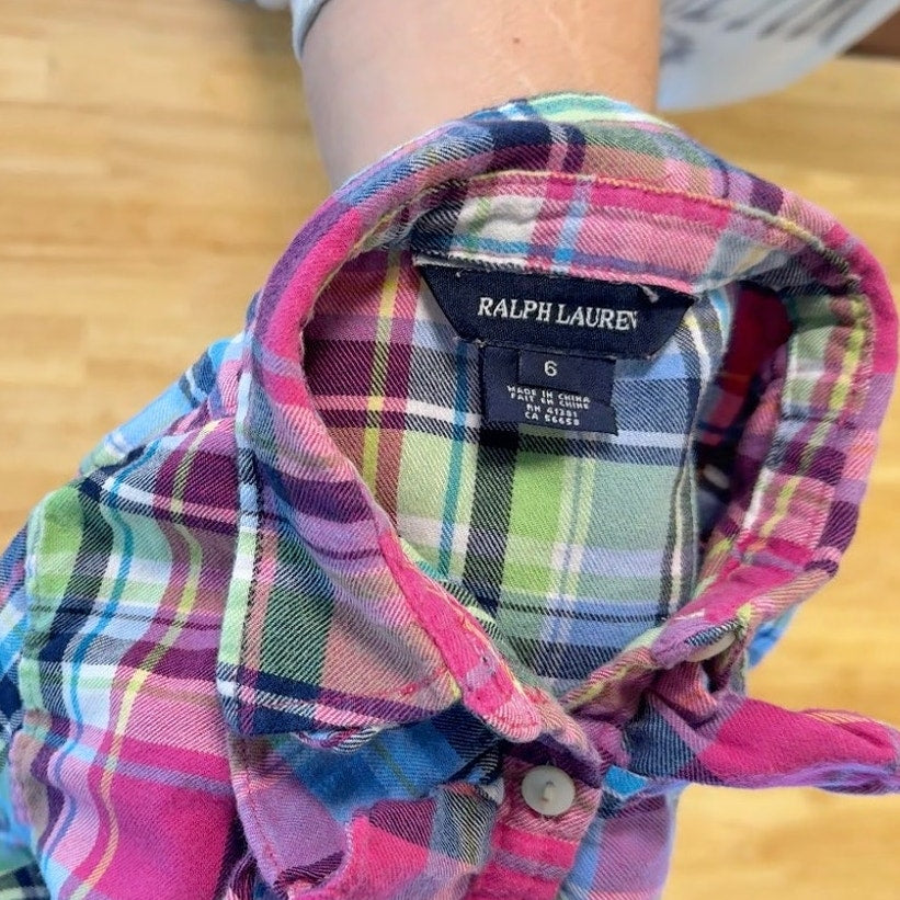 Ralph Lauren Ruffled Plaid Button Down Little Girls 6